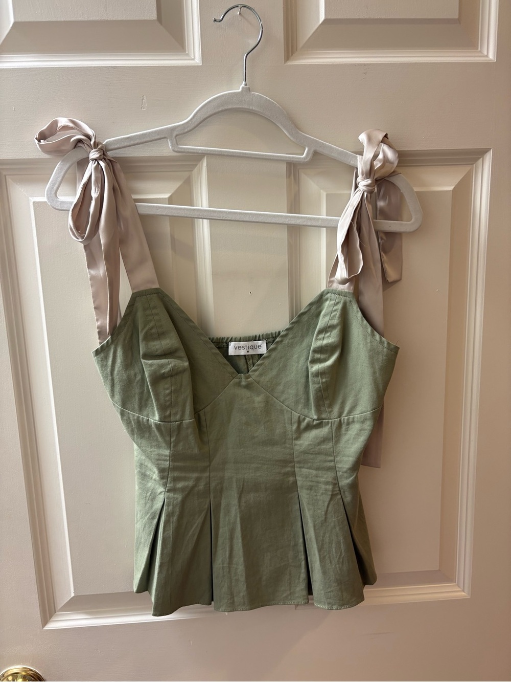 vestique Olive Tiebreaker Top with Cream Satin Tie Straps